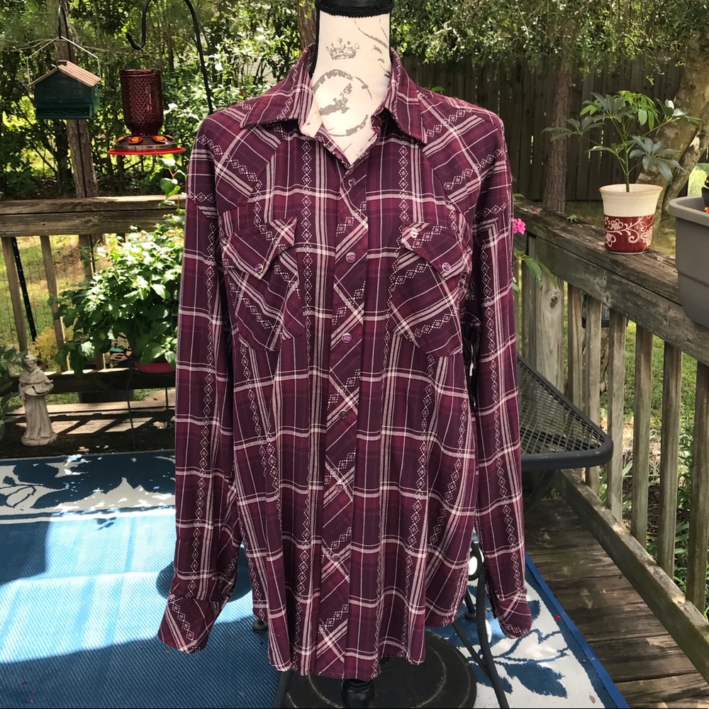 Stetson Women’s Snap Front Button Down Western Burgundy Cream Plaid Shirt Medium